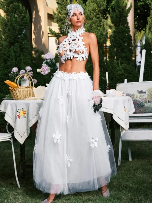 Edimeia High Neck Flower Mesh Skirt Set