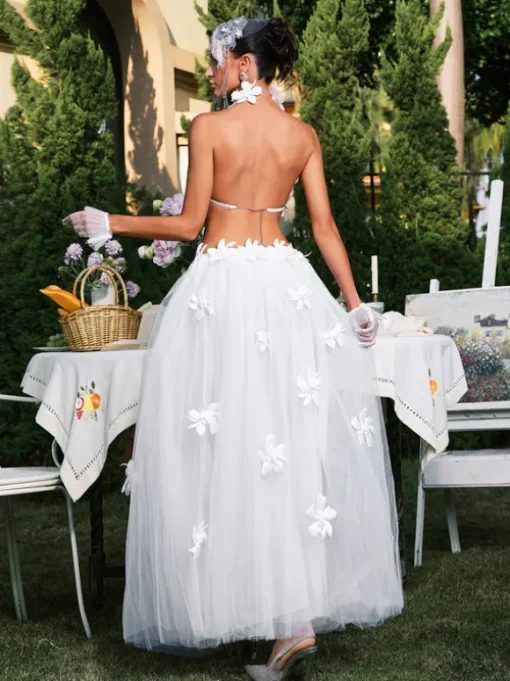 Edimeia High Neck Flower Mesh Skirt Set
