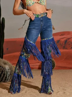 Eleni Denim Fringe Printed Boots In Blue