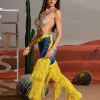Eleni Denim Fringe Printed Boots In Yellow