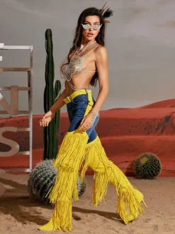 Eleni Denim Fringe Printed Boots In Yellow
