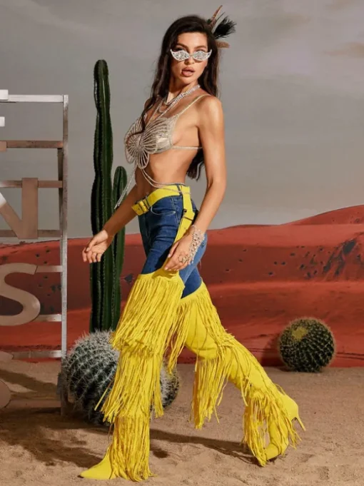 Eleni Denim Fringe Printed Boots In Yellow