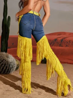 Eleni Denim Fringe Printed Boots In Yellow
