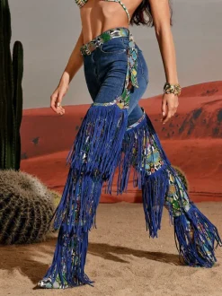 Eleni Denim Fringe Printed Boots In Blue
