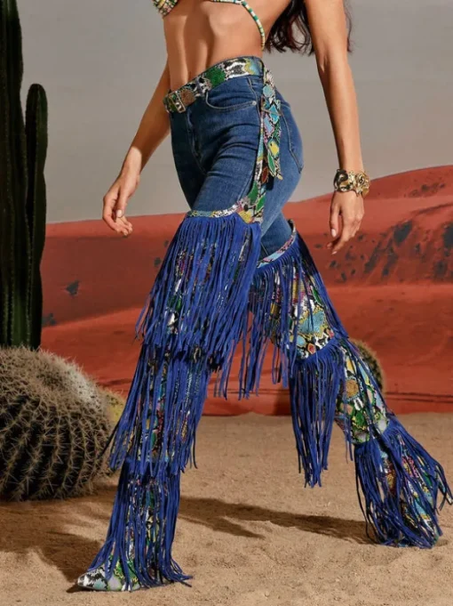 Eleni Denim Fringe Printed Boots In Blue