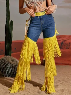 Eleni Denim Fringe Printed Boots In Yellow