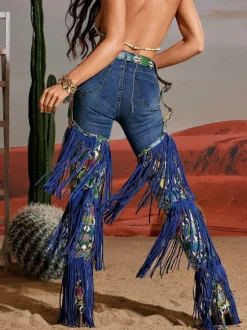 Eleni Denim Fringe Printed Boots In Blue