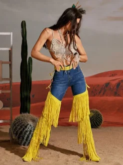 Eleni Denim Fringe Printed Boots In Yellow