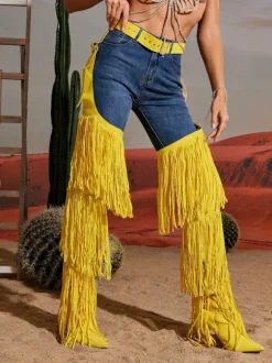 Eleni Denim Fringe Printed Boots In Yellow