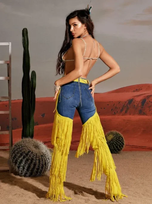Eleni Denim Fringe Printed Boots In Yellow