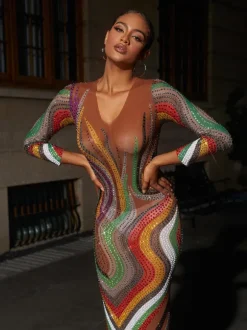 Elinda Long Sleeve Mesh Midi Dress