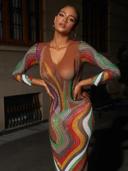 Elinda Long Sleeve Mesh Midi Dress