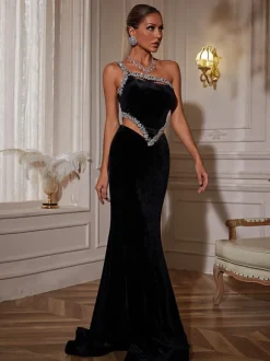 Elissa Floral Crystal Cutout Velvet Mermaid Maxi Dress