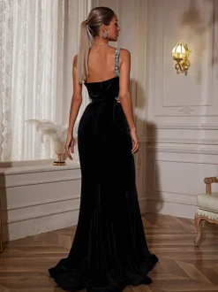 Elissa Floral Crystal Cutout Velvet Mermaid Maxi Dress