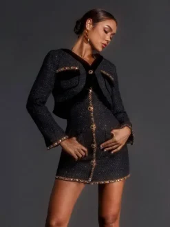 Eljah Long Sleeve Rhinestone Tweed Skirt Set