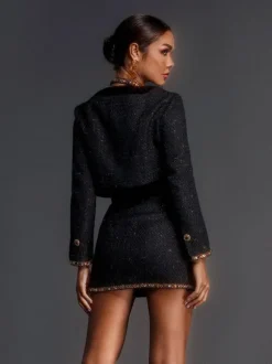Eljah Long Sleeve Rhinestone Tweed Skirt Set