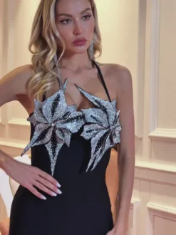 Elspeta Halterneck Flower Crystal Bandage Dress
