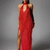 Elvrik Halterneck Fringe Cutout Split Maxi Dress In Red