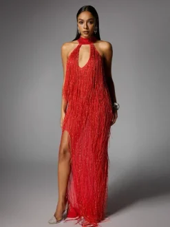 Elvrik Halterneck Fringe Cutout Split Maxi Dress In Red