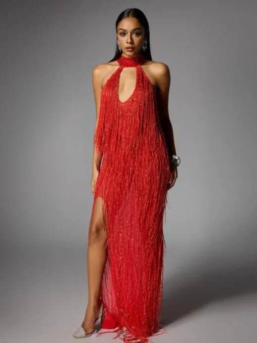 Elvrik Halterneck Fringe Cutout Split Maxi Dress In Red