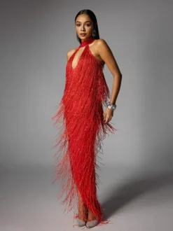 Elvrik Halterneck Fringe Cutout Split Maxi Dress In Red