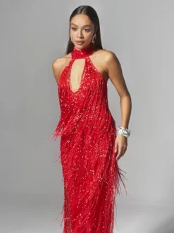Elvrik Halterneck Fringe Cutout Split Maxi Dress In Red