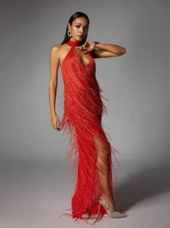 Elvrik Halterneck Fringe Cutout Split Maxi Dress In Red