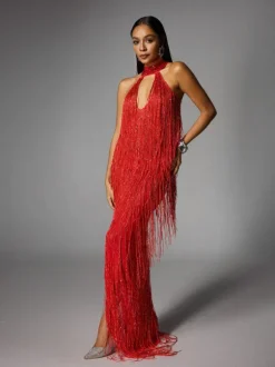 Elvrik Halterneck Fringe Cutout Split Maxi Dress In Red