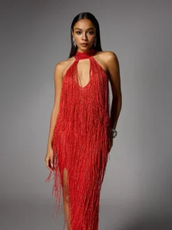 Elvrik Halterneck Fringe Cutout Split Maxi Dress In Red