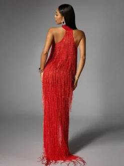 Elvrik Halterneck Fringe Cutout Split Maxi Dress In Red