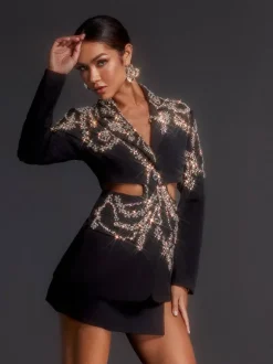 Emelye Long Sleeve Rhinestone Cutout Blazer