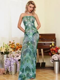 Ennis Strapless Flower Embellished Maxi Dress