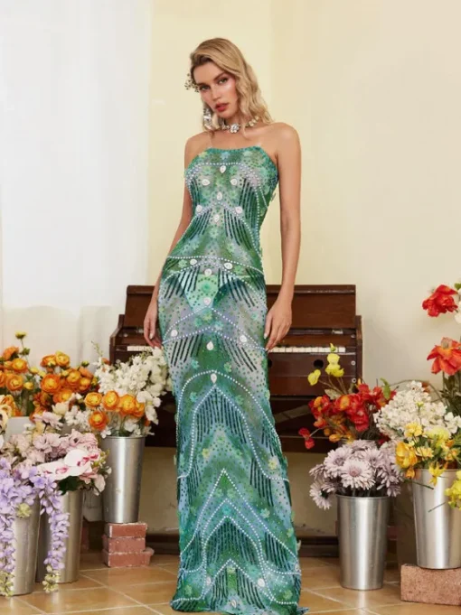 Ennis Strapless Flower Embellished Maxi Dress