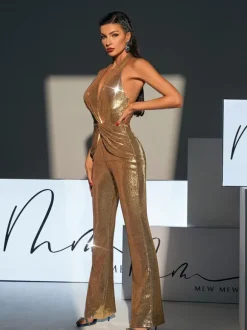 Enoch Backless Twisted Sequin Jumpsuit