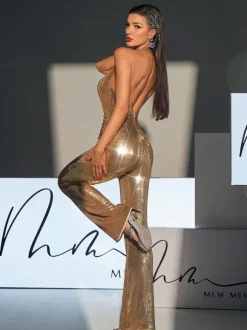 Enoch Backless Twisted Sequin Jumpsuit