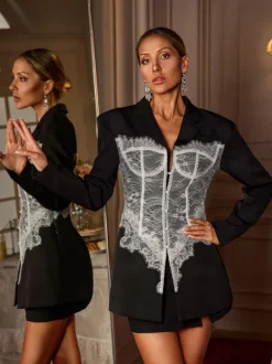 Eormenburh Deconstructed Lace Lapel Blazer In Black