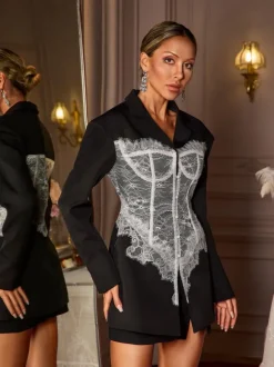 Eormenburh Deconstructed Lace Lapel Blazer In Black
