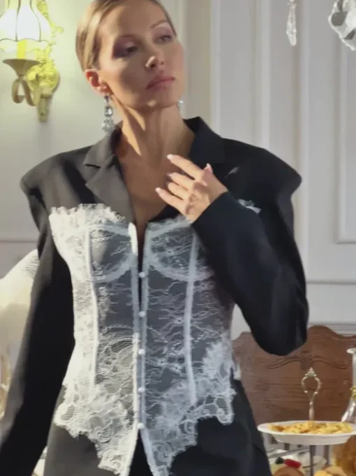Eormenburh Deconstructed Lace Lapel Blazer In Black