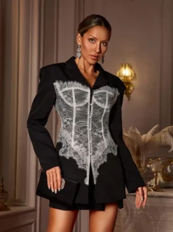 Eormenburh Deconstructed Lace Lapel Blazer In Black
