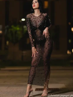 Eormengard Long Sleeve Rhinestone Maxi Dress In Black