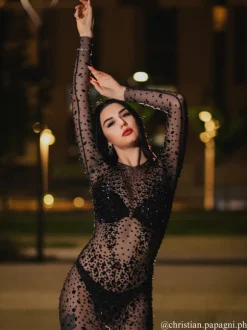 Eormengard Long Sleeve Rhinestone Maxi Dress In Black