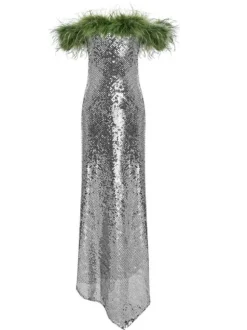 Ephrodite Off Shoulder Sequin Feather Maxi Dress