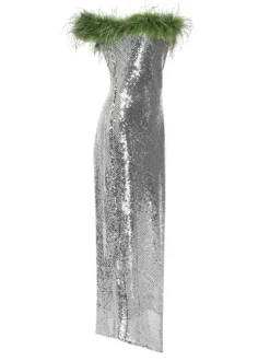 Ephrodite Off Shoulder Sequin Feather Maxi Dress