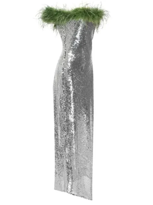 Ephrodite Off Shoulder Sequin Feather Maxi Dress