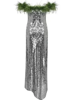 Ephrodite Off Shoulder Sequin Feather Maxi Dress