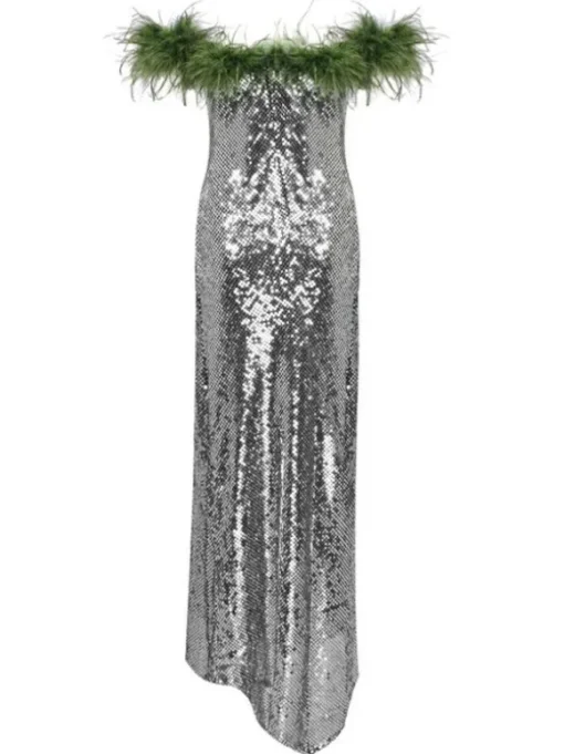 Ephrodite Off Shoulder Sequin Feather Maxi Dress