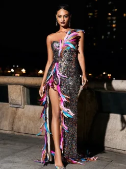 Ernest Strapless Feather Split Sequin Dress