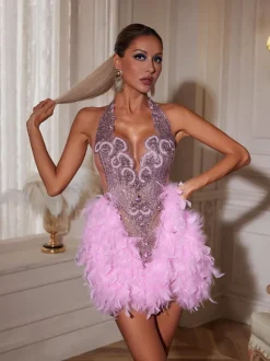 Ernst Rhinestone Feather Mini Dress