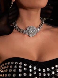Erosa Crystal Rose Necklace In Silver