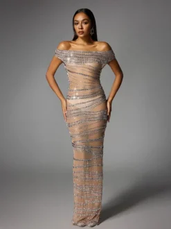 Eryx Off Shoulder Rhinestone Mesh Maxi Dress In Nude